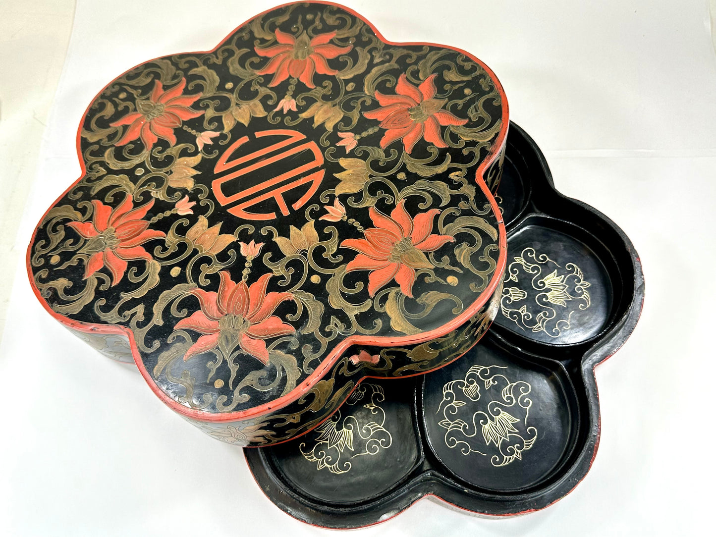 Antique Chinese Lacquer Wooden Box w/ 7 Bowls Floral Arabesque