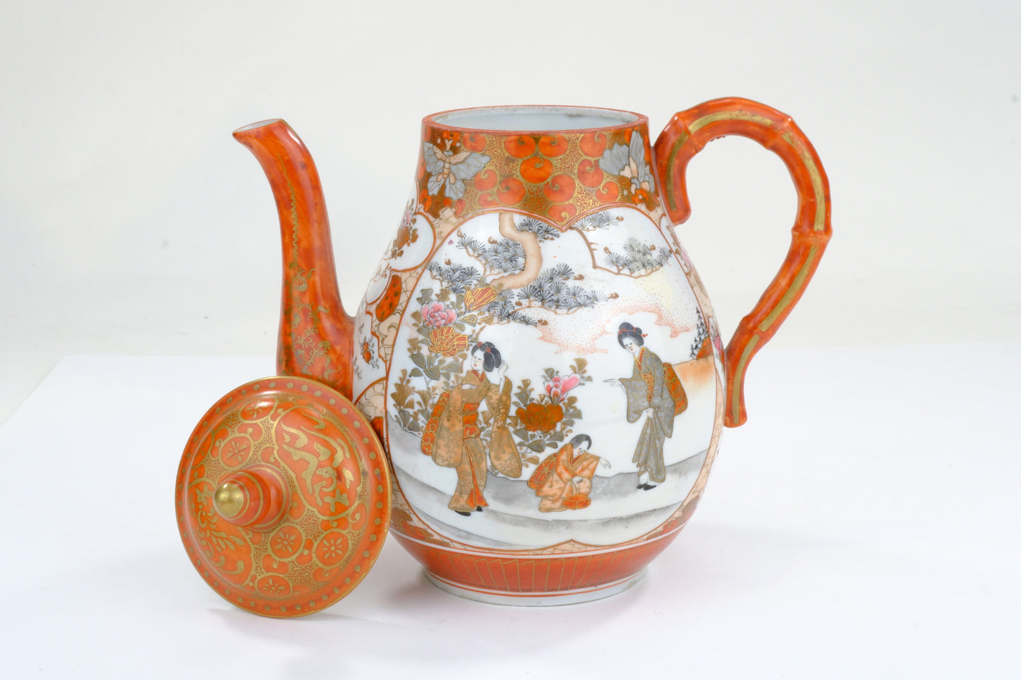 Antique Japanese Kutani Coffee Pot Bijin Figures Paradise Bird Butterfly Bamboo Handle Meiji