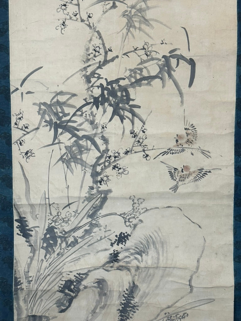 Antique Japanese Kakejiku Hanging Scroll Sparrow Bamboo Prunus Kacho-ga Ink 76"L