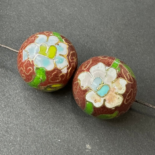 One Vintage Chinese Cloisonne Red Floral Bead 18mm Glass Enamel Jewelry