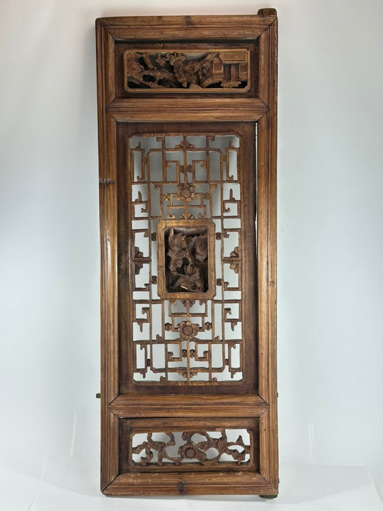Antique Chinese Qing Carved Wood Lattice Window Shutter Panel 32″H