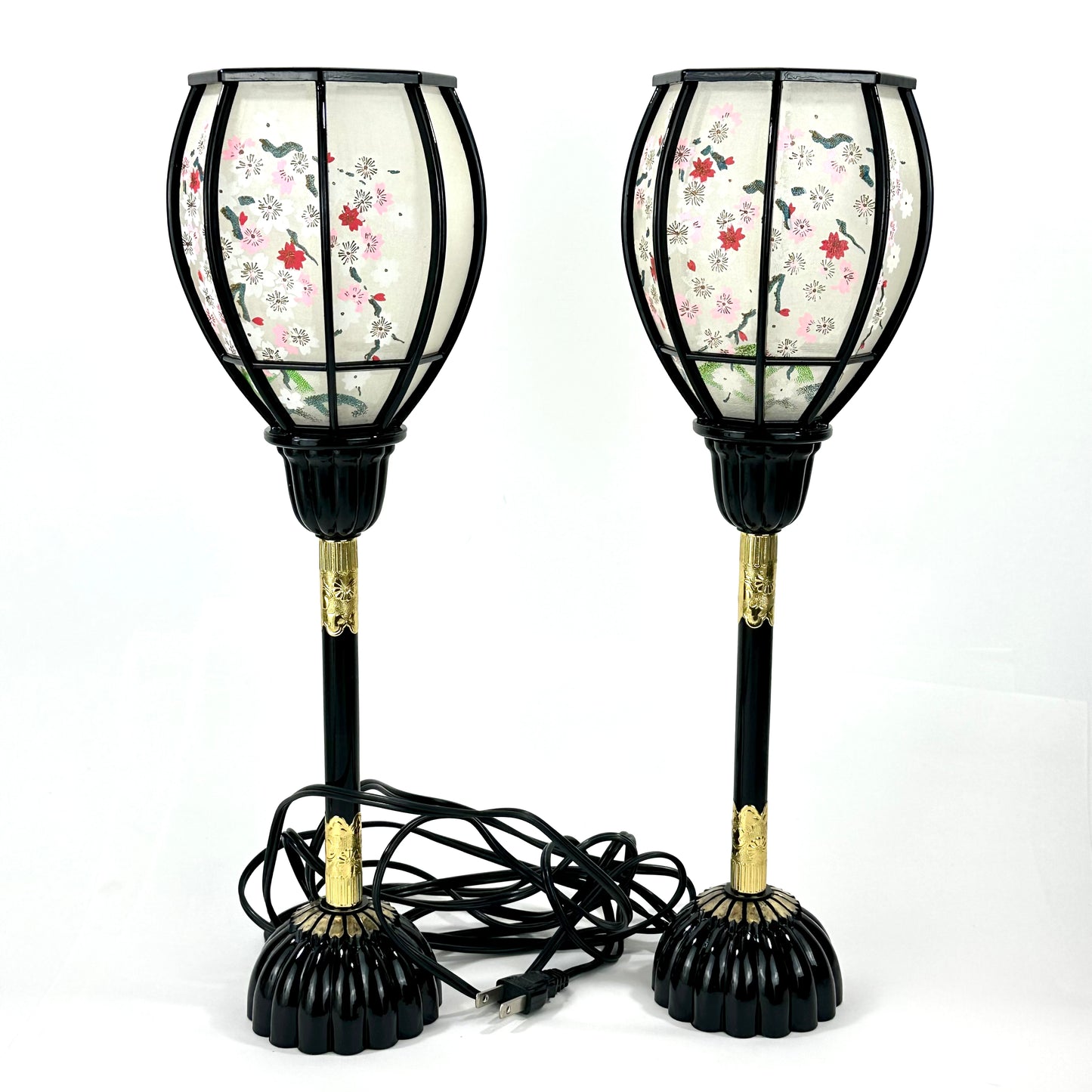 Japanese Showa Era Sakura Lantern Table Lamp Pair Black Lacquer Brass 15"H