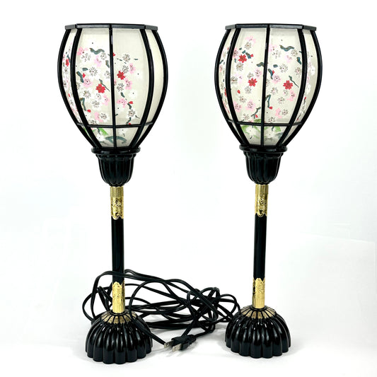 Japanese Showa Era Sakura Lantern Table Lamp Pair Black Lacquer Brass 15"H