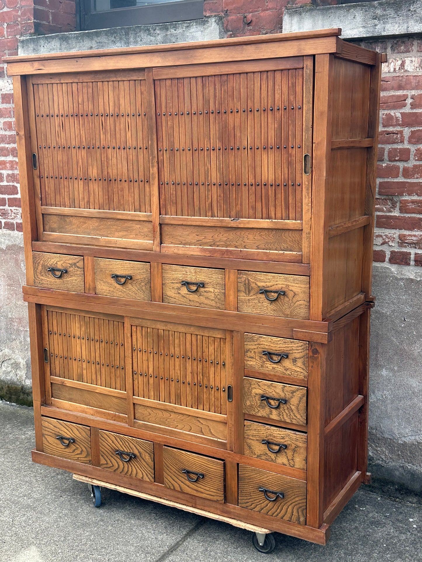 Antique Japanese Keyaki Sugi Merchant Tansu Sliding Door Cabinet Meiji 54"W
