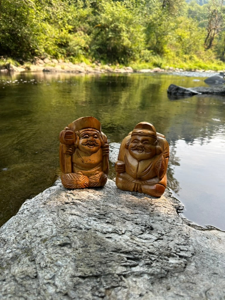 PAIR Japanese Wood Lucky Gods Ebisu & Daikokuji Pair
