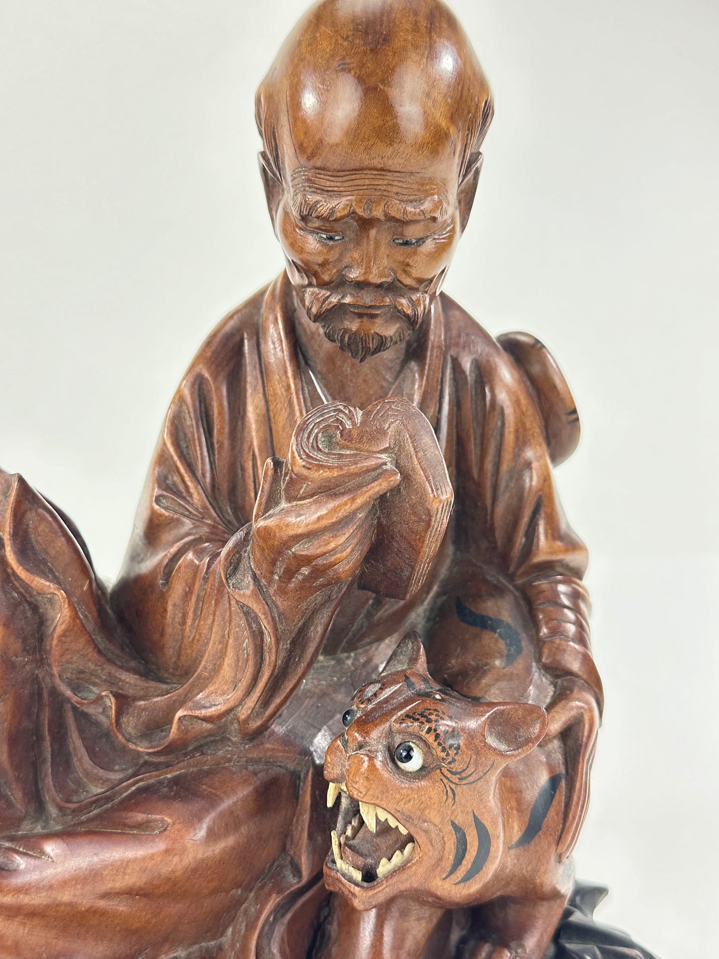 Antique Chinese Carved Wooden Statue of Immortal w/ Tiger 10”