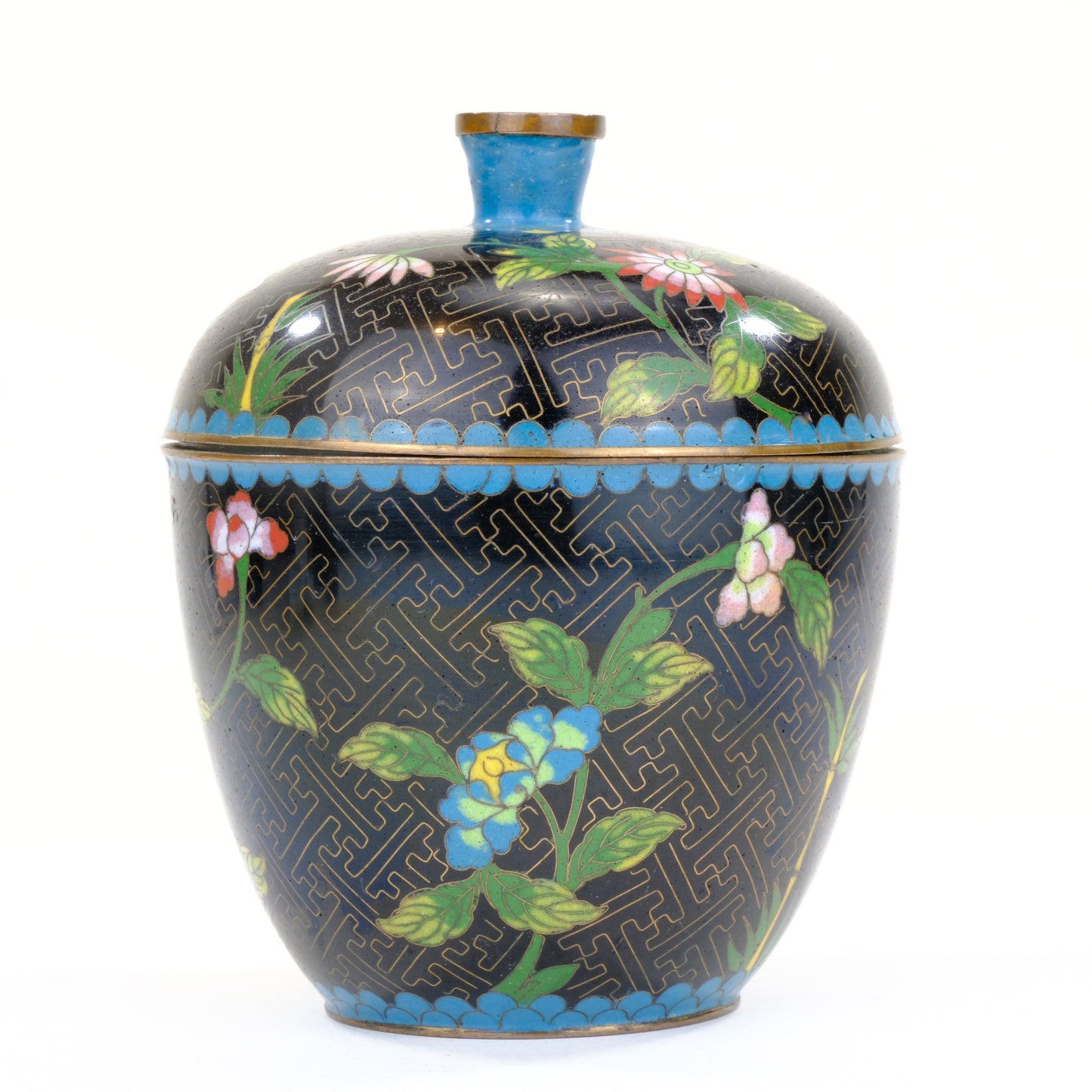 Chinese Cloisonne Enamel Moon Flask Vase Green Black Ground Floral Butterfly Three Feet 5.5"H