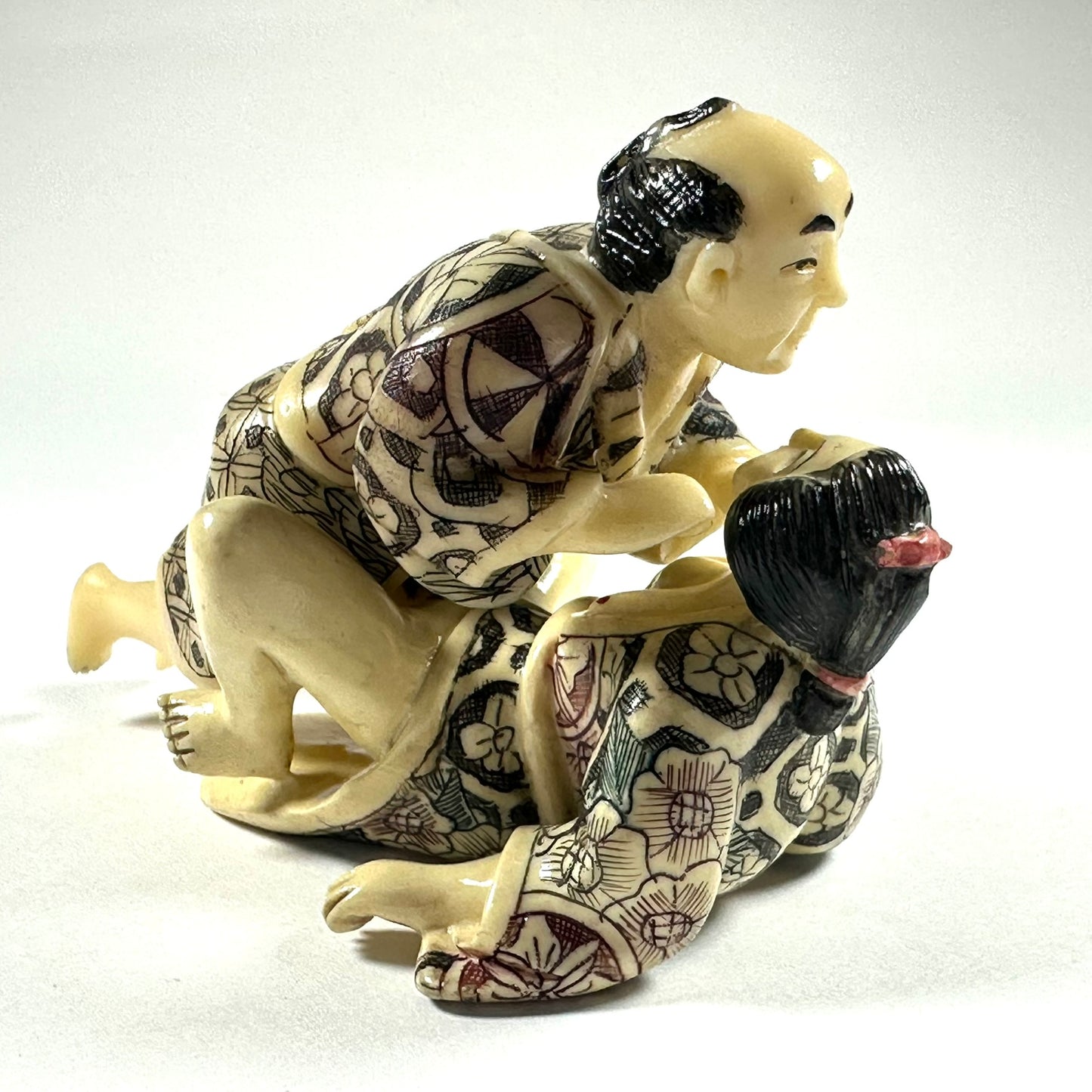 Vintage Japanese Shunga Erotic Figurine Couple Faux-Ivery Resin Hand Painted Showa a