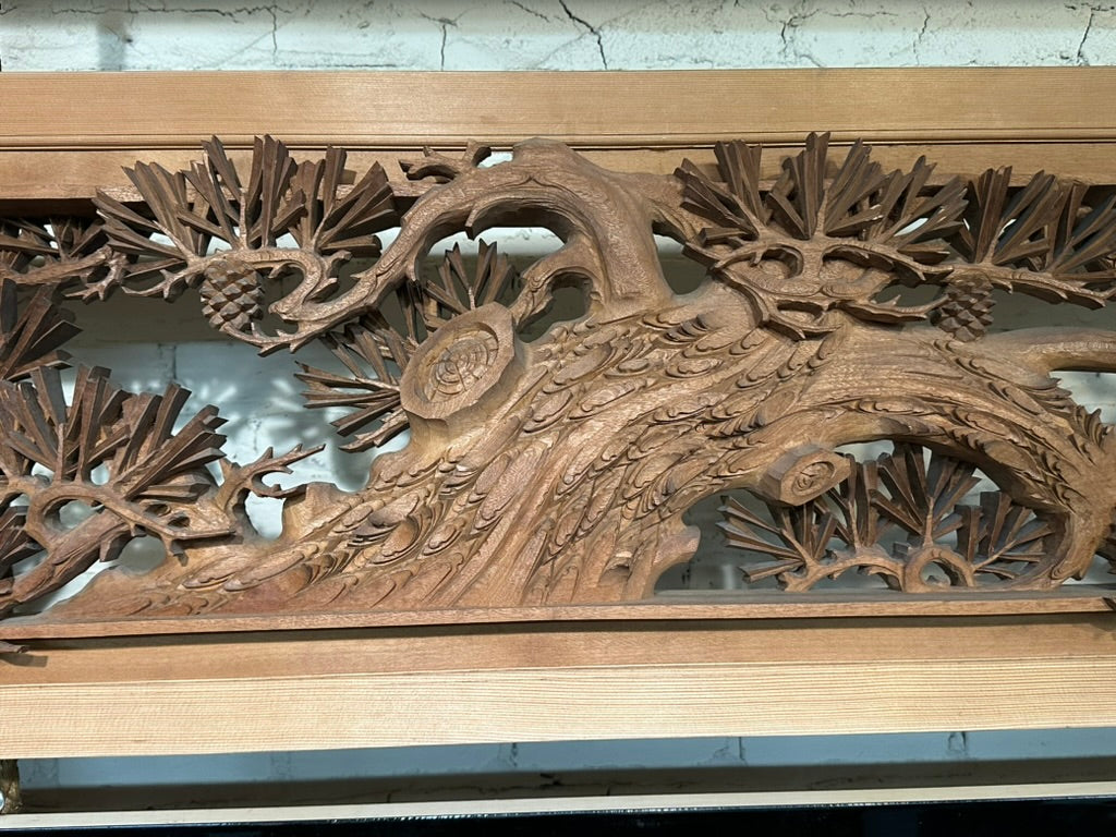 Japanese Inami Chokoku Sugi Wood Ranma Transom Carved Pine Tree Signed Kohō Taisho Showa 72"L