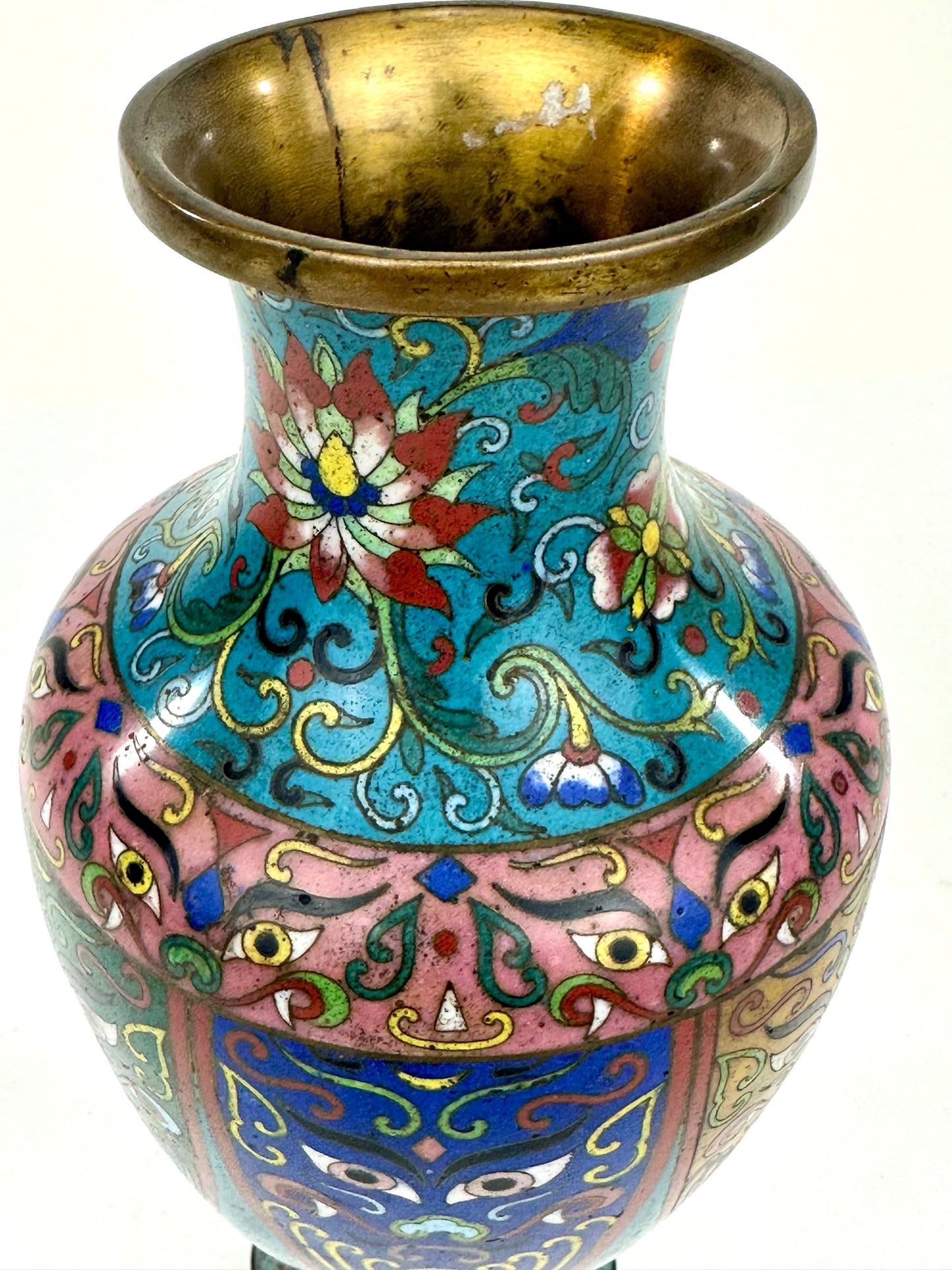 Antique Chinese Late Qing Dynasty (c1900) Cloisonné Vase Food Dog 8.5”