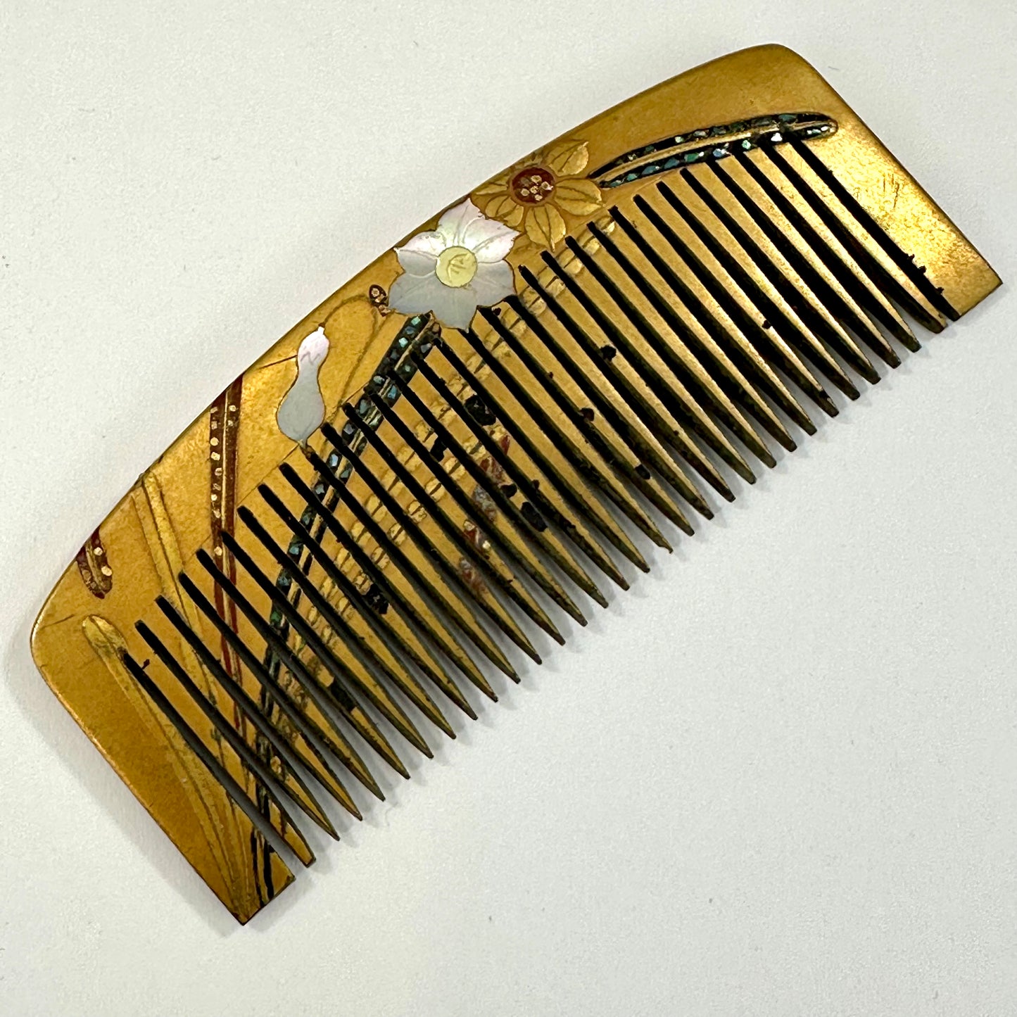 Antique Japanese Geisha Comb Kushi Hairpiece Kanzashi Gold Makie Shell Inlay 3"