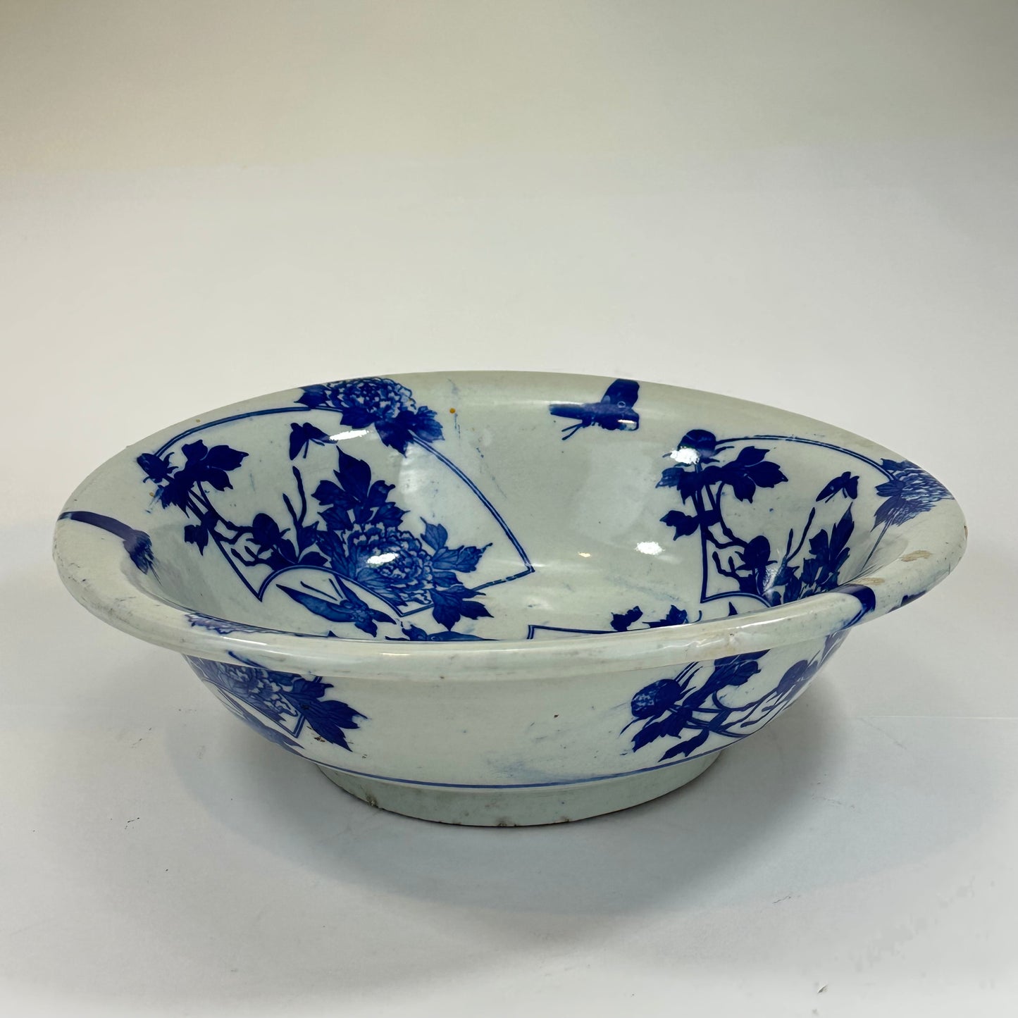 Antique Meiji Hand Painted Imari Japanese Ceramic Bowl Blue & White 11”