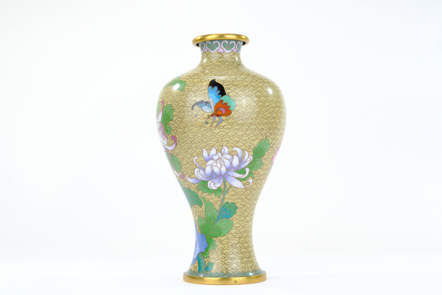 Chinese Cloisonne Enamel Meiping Vase Gold Ground Lotus Chrysanthemum Butterfly 9"H