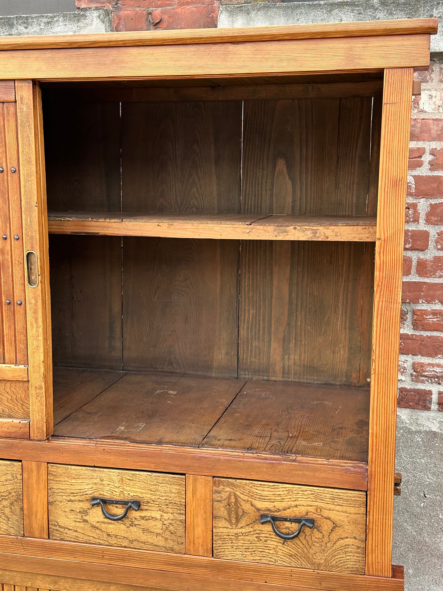 Antique Japanese Keyaki Sugi Merchant Tansu Sliding Door Cabinet Meiji 54"W