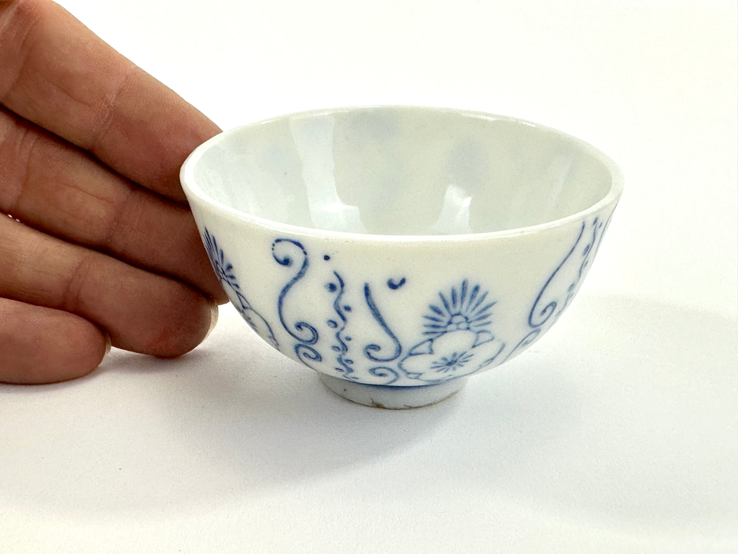 Antique Japanese Porcelain Cup with Blue Floral Pattern 3"