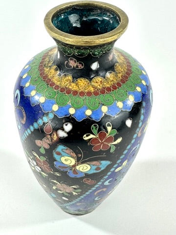 Japanese Meiji Cloisonne Shippo Baluster Vase Cobalt Black Butterfly Floral 5"H