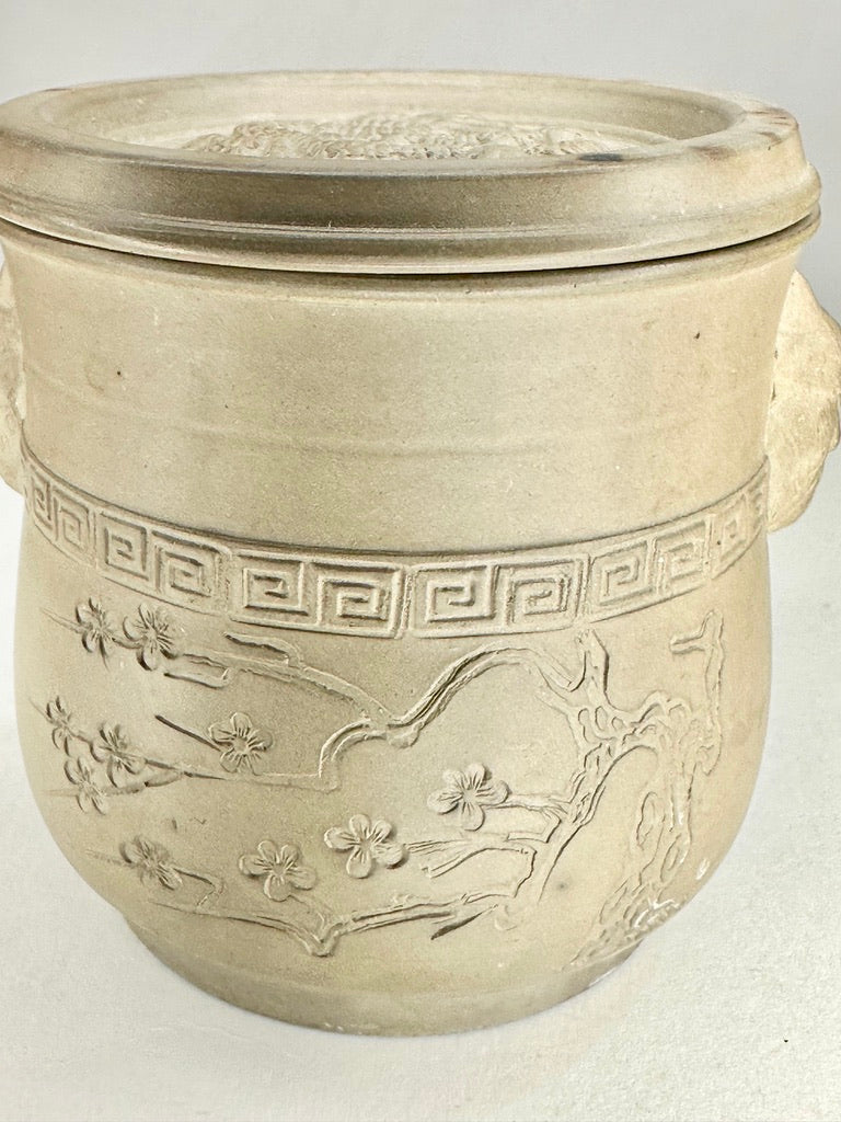 Chinese Yixing Stoneware Covered Jar Dragon Lid Prunus Beast Handle Key Fret Border 3'H