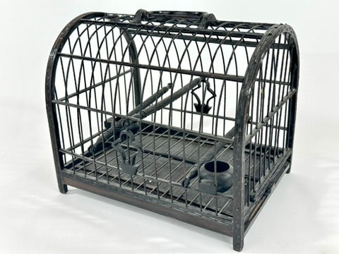 Chinese Vintage Blackened Bamboo Birdcage Barrel Vault Dome Perch Feeder Fret Border 8 Inches
