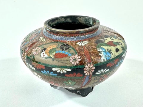 Japanese Meiji Cloisonne Shippo Vase Phoenix Floral Three Feet Red Brown 3"H