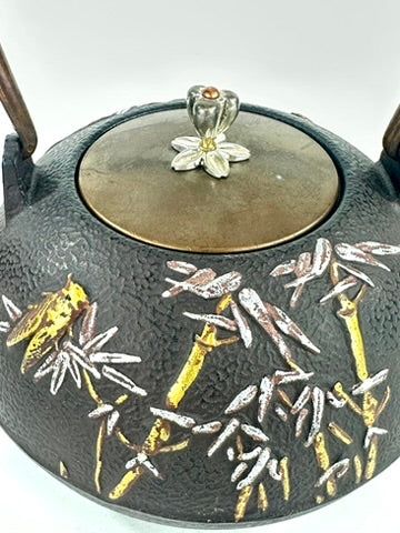 Vintage Japanese Cast Iron Tetsubin Bamboo Cicada Gold Silver Brass Lid Showa 8"W LS#149
