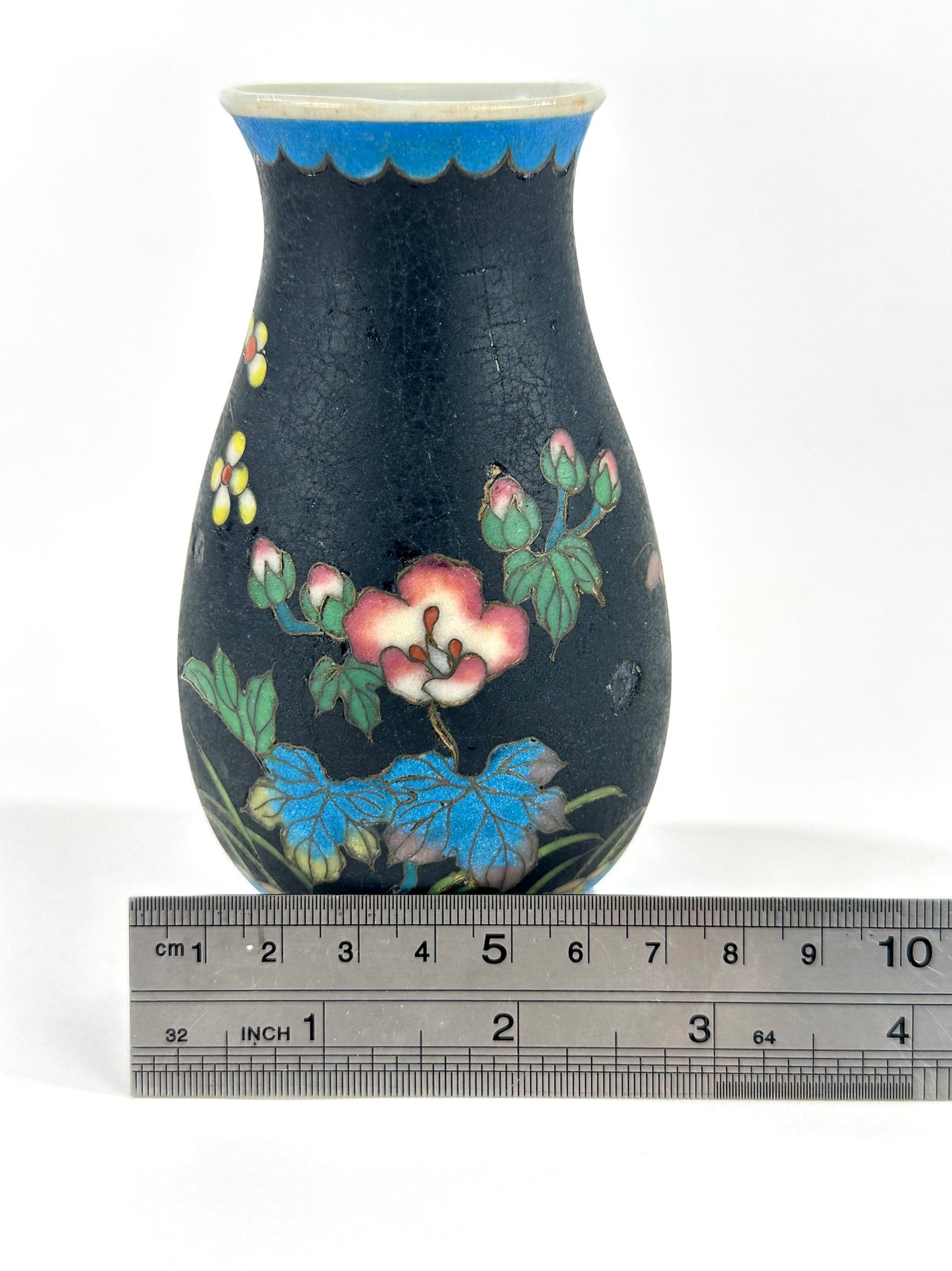 Japanese Meiji Taisho Totai Shippo Ceramic Cloisonne Vase Black Ground Pink Floral 5"H
