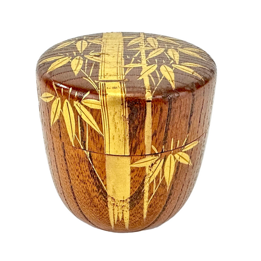 Japanese Keyaki Wood Natsume Tea Caddy with Gold Bamboo Design 2.5"
