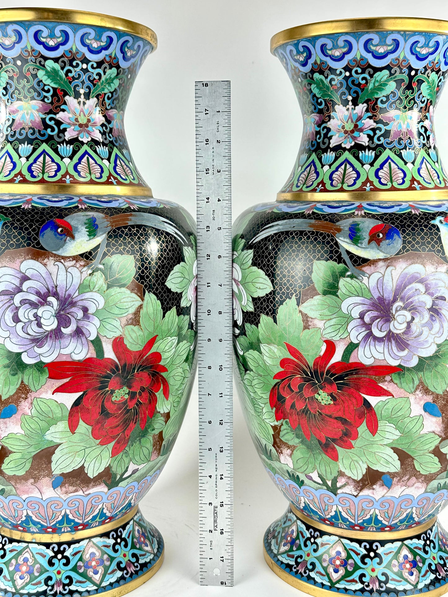 Vintage Chinese Cloisonne Vase Pair Black Ground Peony Pheasant Polychrome 20"H