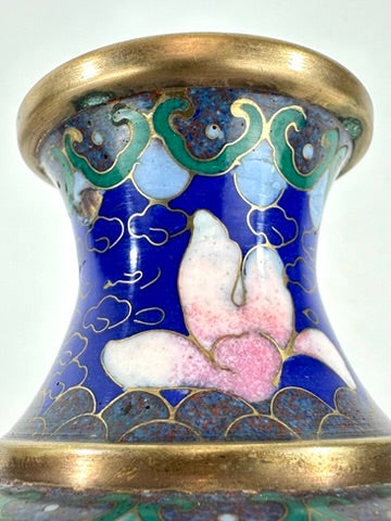 Chinese Republic Period Cloisonne Enamel Vase Pair Cobalt Blue Pink Peony 6"H