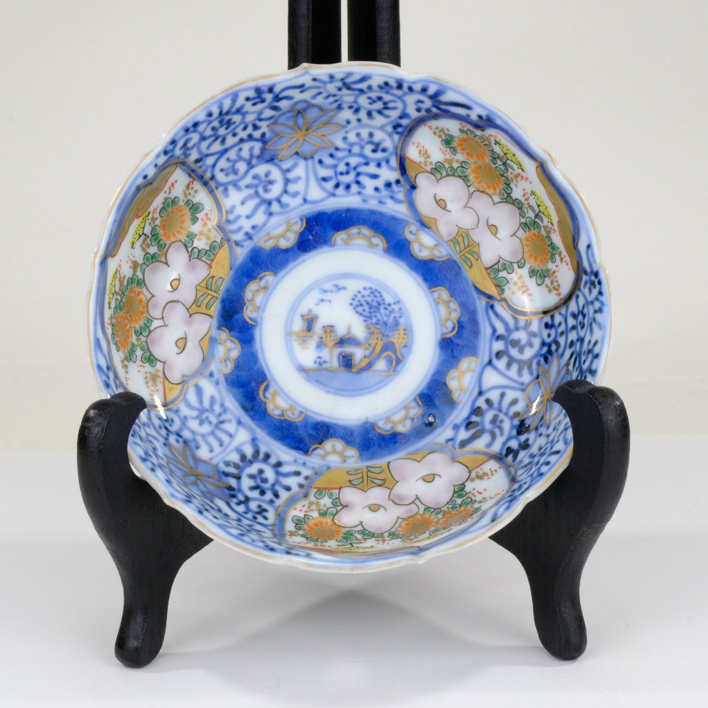 Japanese Imari Kinrande Bowl Willow Landscape Plum Blossom Gold Meiji 6 Inch