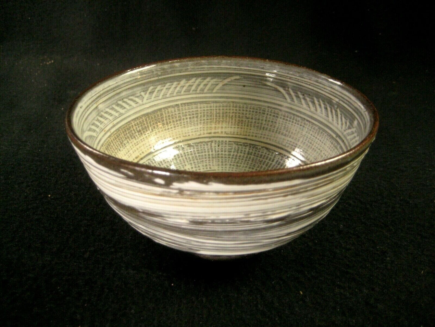 Vintage Japanese Handmade Chawan Mid Showa Gray & White Geometric Patterns 5.5"