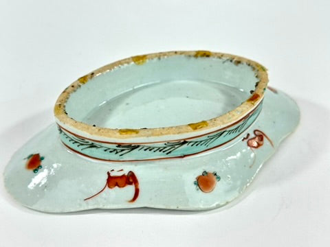 Chinese Famille Rose Porcelain Lozenge Dish Peach Longevity Floral Celadon Ground Late Qing 7.5"