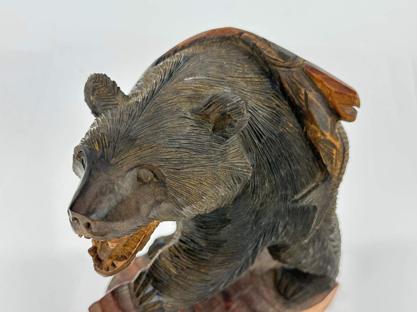 Vintage Japanese Ainu Bear Kuma w/ Salmon Sugi Wood ~10"