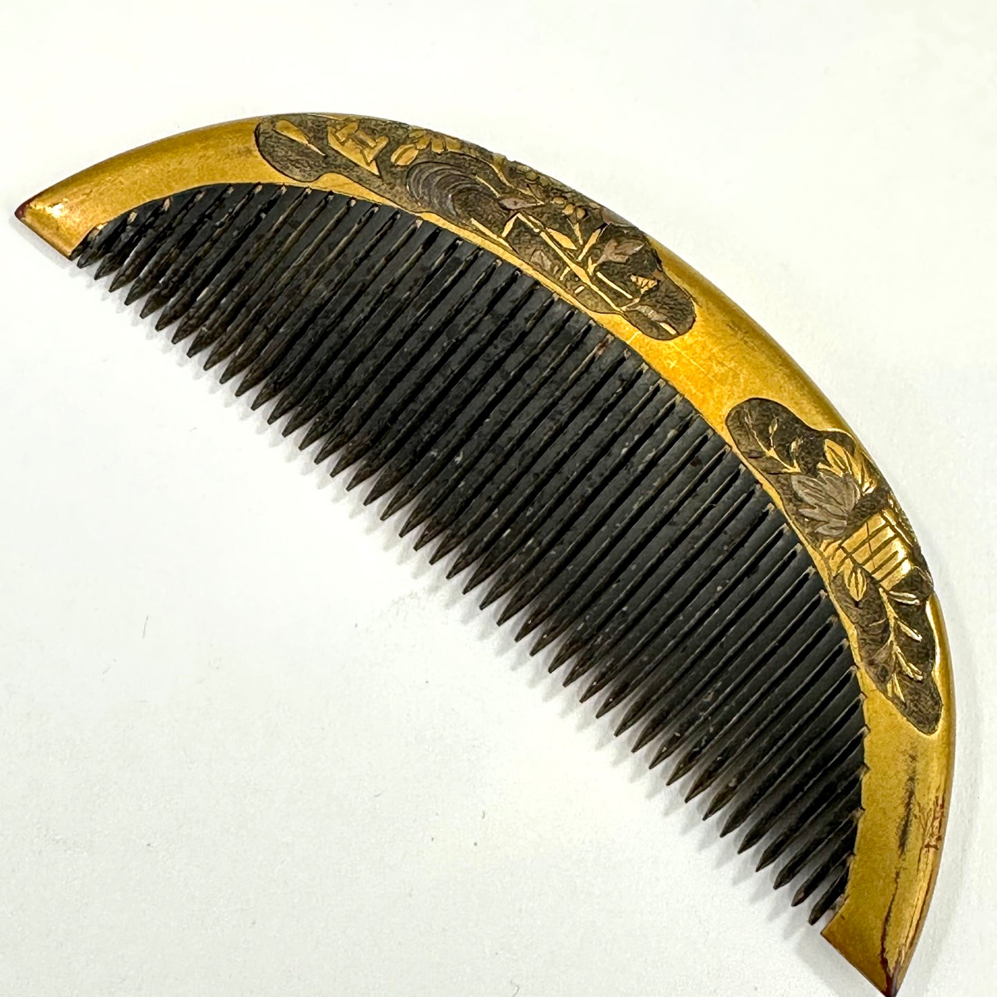 Antique Japanese Geisha Comb Kushi Hairpiece Kanzashi Gold Makie Village 3.75"