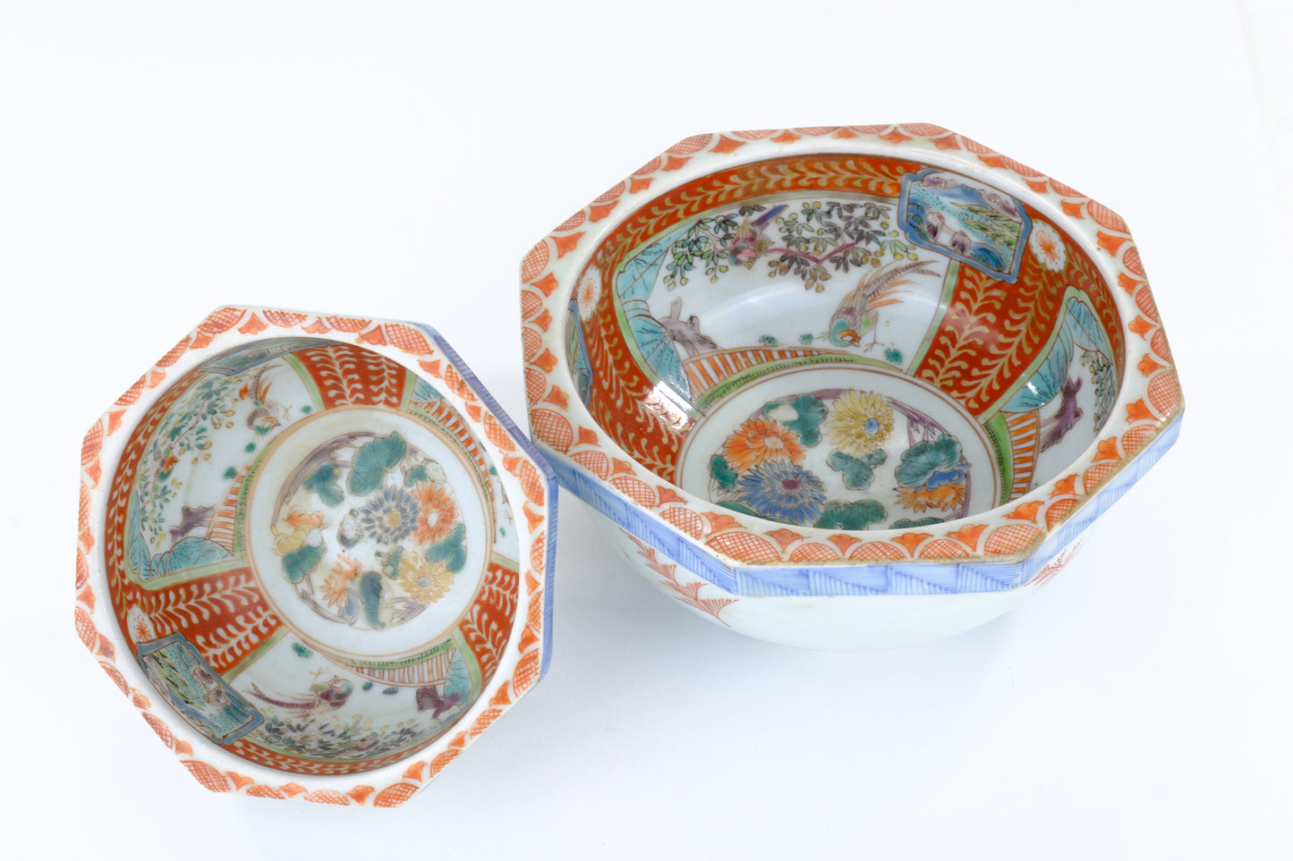 Antique Japanese Edo Imari Nesting Octagon Bowls Pair w/ Presentation Box 7"