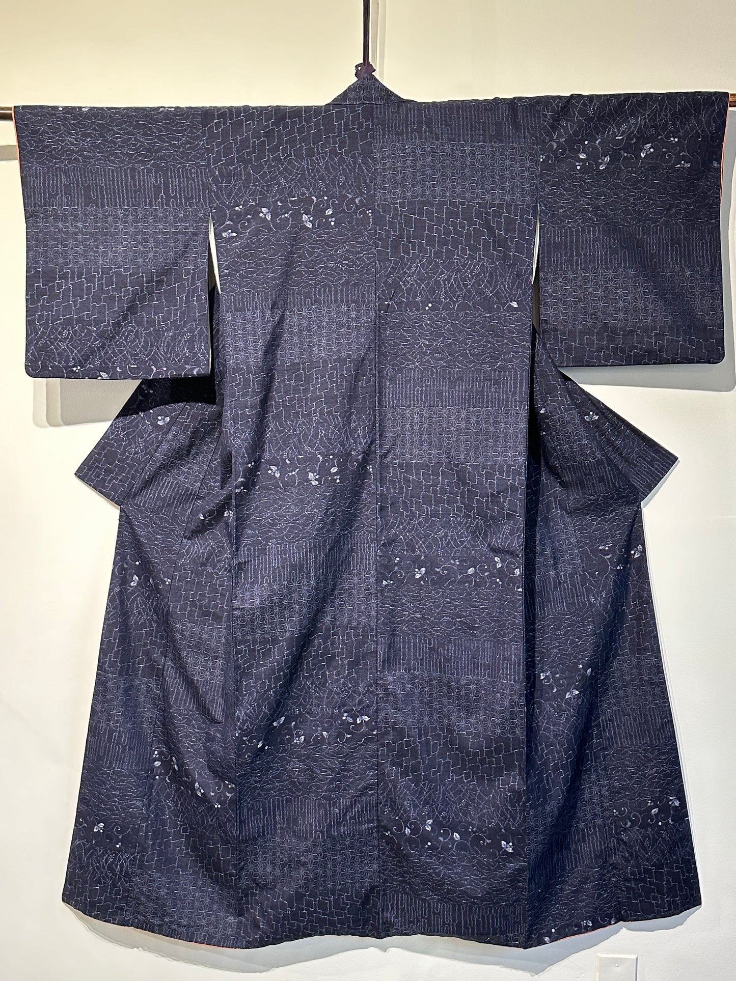 Japanese Tsumugi Ojiya Silk Kimono Hand Spun Dark Blue Asanoha