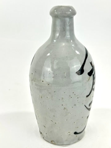 Antique Japanese Late Edo Meiji Grey Glazed Stoneware Tokkuri Sake Jug Calligraphy 9"H