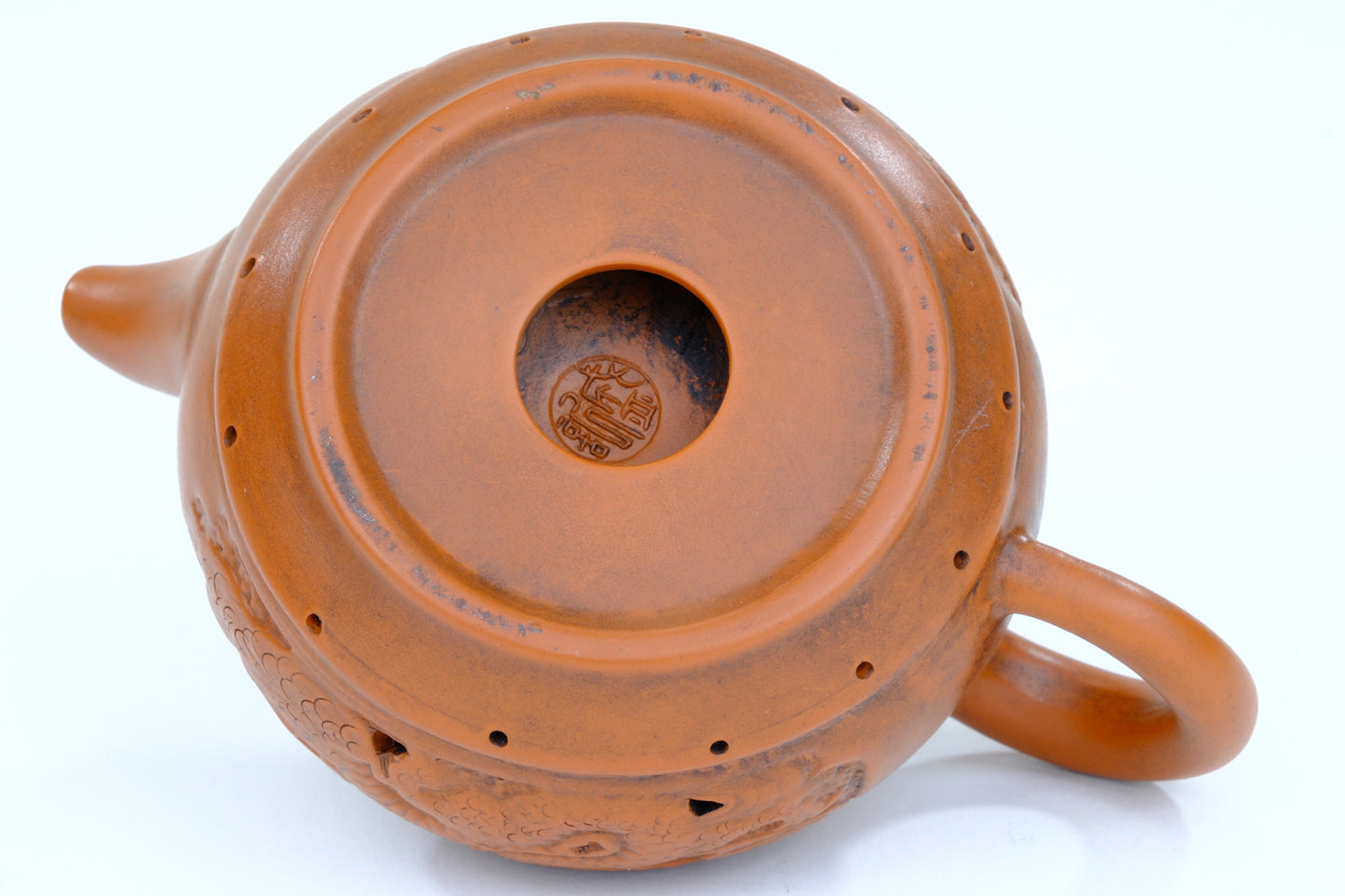 Vintage Chinese Yixing Style Teapot Double Wall Dragon Relief Shishi Finial Hongni Clay 6"
