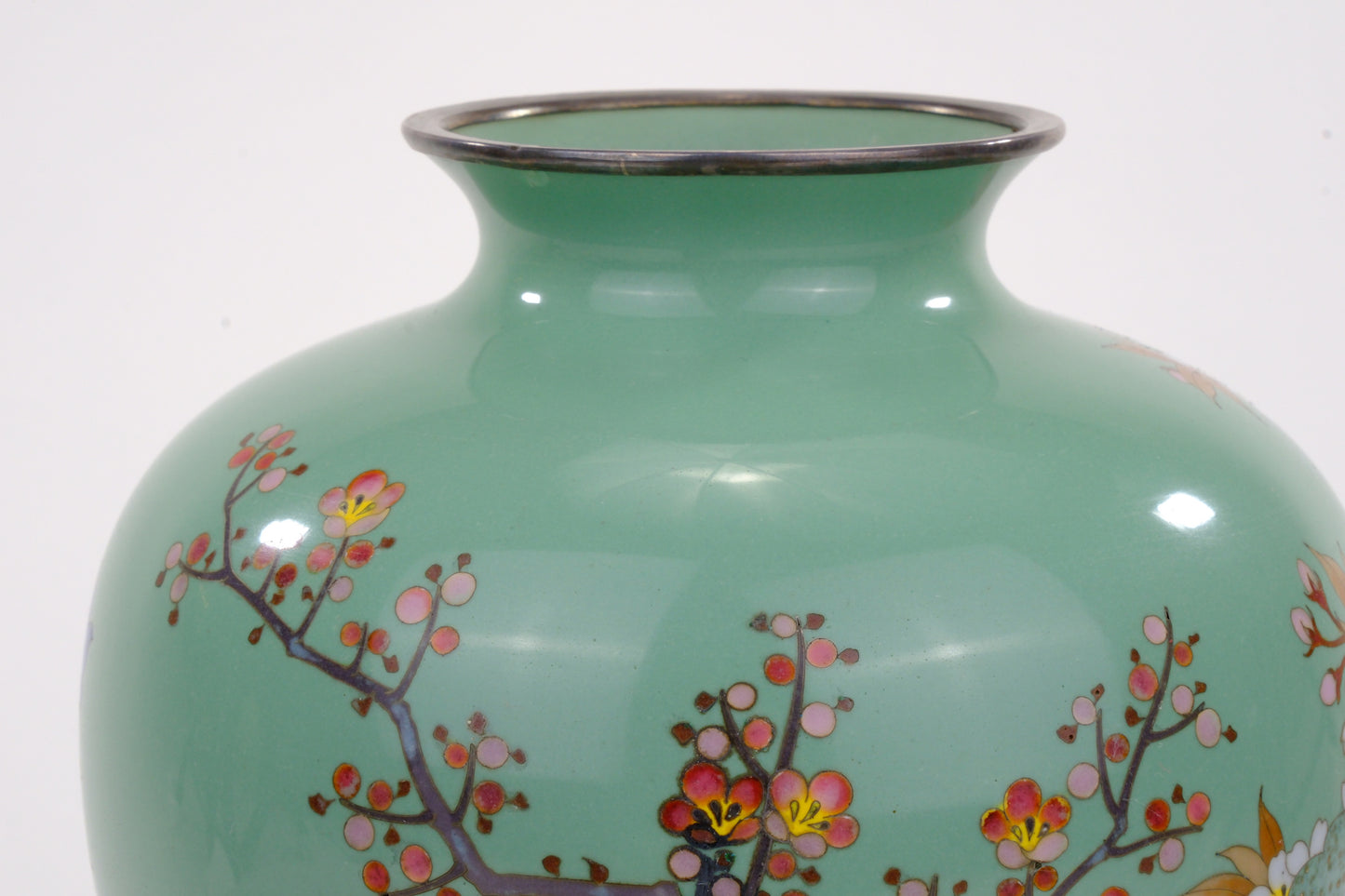 Antique Japanese Meiji Era (c1880) Cloisonné Vase Floral Motif Green 8"