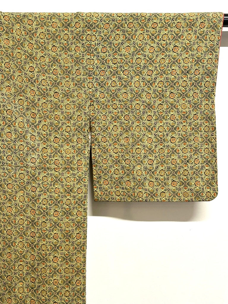 Vintage Japanese Silk Komon Kimono Shippo Floral Repeat Rikyu Olive Showa