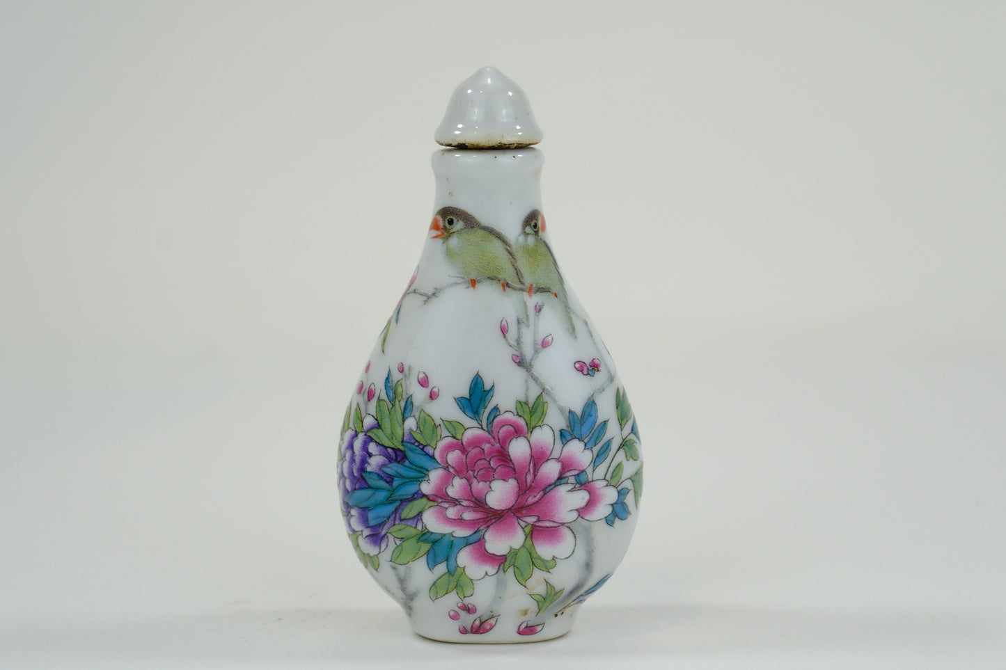 Vintage Chinese Ceramic Snuff Bottle w/ Peonies & Finches 3.25"