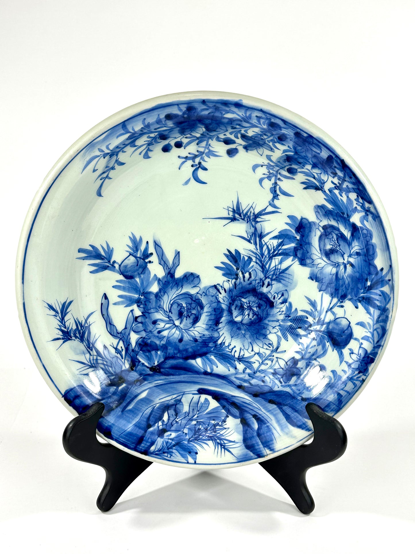 Antique Japanese Late Edo Period Imari Blue & White Porcelain Peony Bowl 12"W