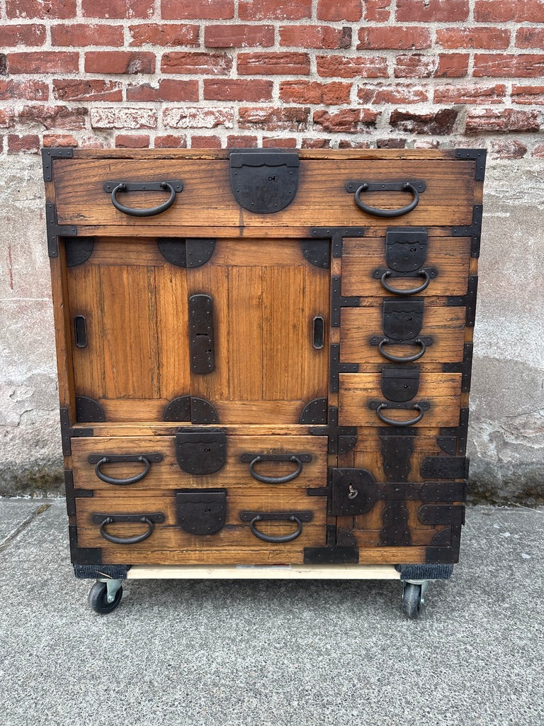 Antique Japanese Chobadansu Merchant Chest Sugi Iron Hardware Dated Meiji 1880