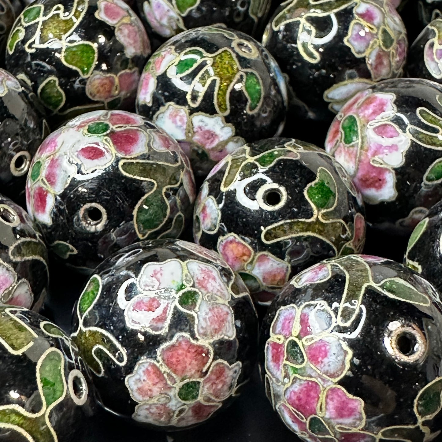 One Vintage Chinese Cloisonne Black Pink Floral Bead 20mm Glass Enamel Jewelry