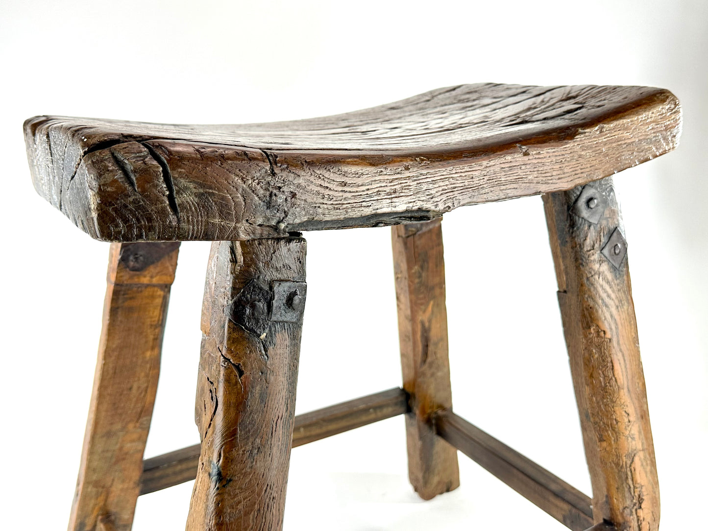 ntique Chinese Elm Rustic Farm Stool Waisted Saddle Seat Late Qing 20"H
