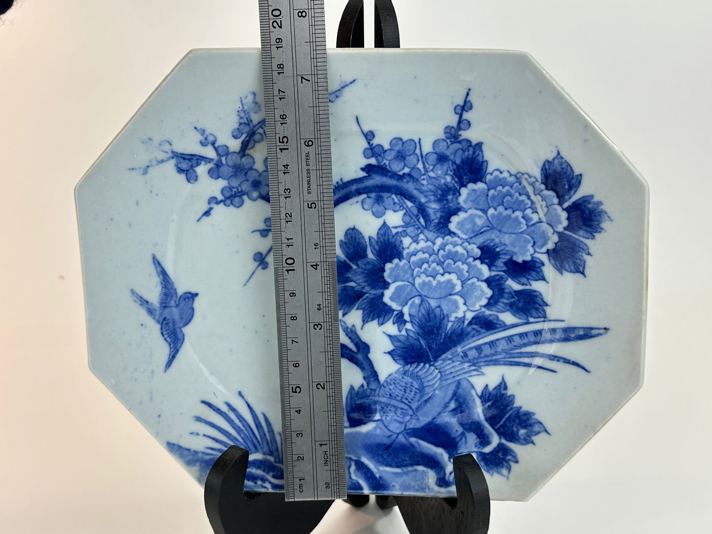 Antique Japanese Meiji Era c1880's Imari Blue & White Plate Birds Peonies 11"W