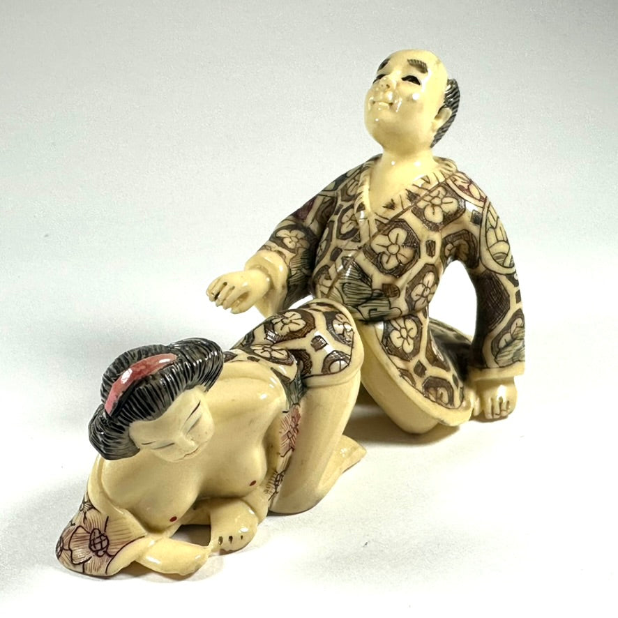 Vintage Japanese Shunga Erotic Figurine Couple Faux-Ivery Resin Hand Painted Showa e