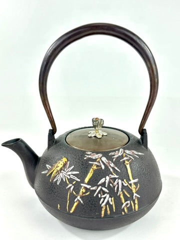 Vintage Japanese Cast Iron Tetsubin Bamboo Cicada Gold Silver Brass Lid Showa 8"W LS#149