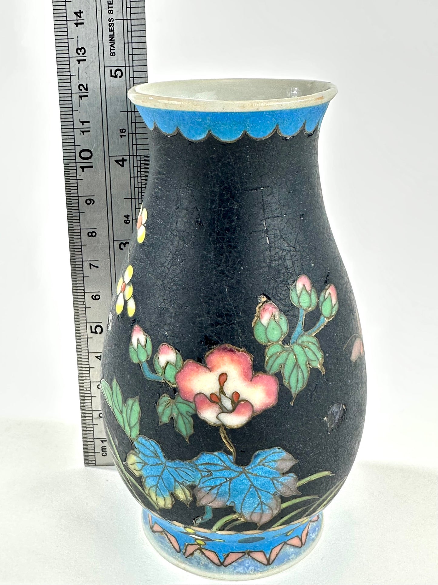 Japanese Meiji Taisho Totai Shippo Ceramic Cloisonne Vase Black Ground Pink Floral 5"H