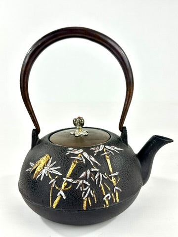 Vintage Japanese Cast Iron Tetsubin Bamboo Cicada Gold Silver Brass Lid Showa 8"W LS#149