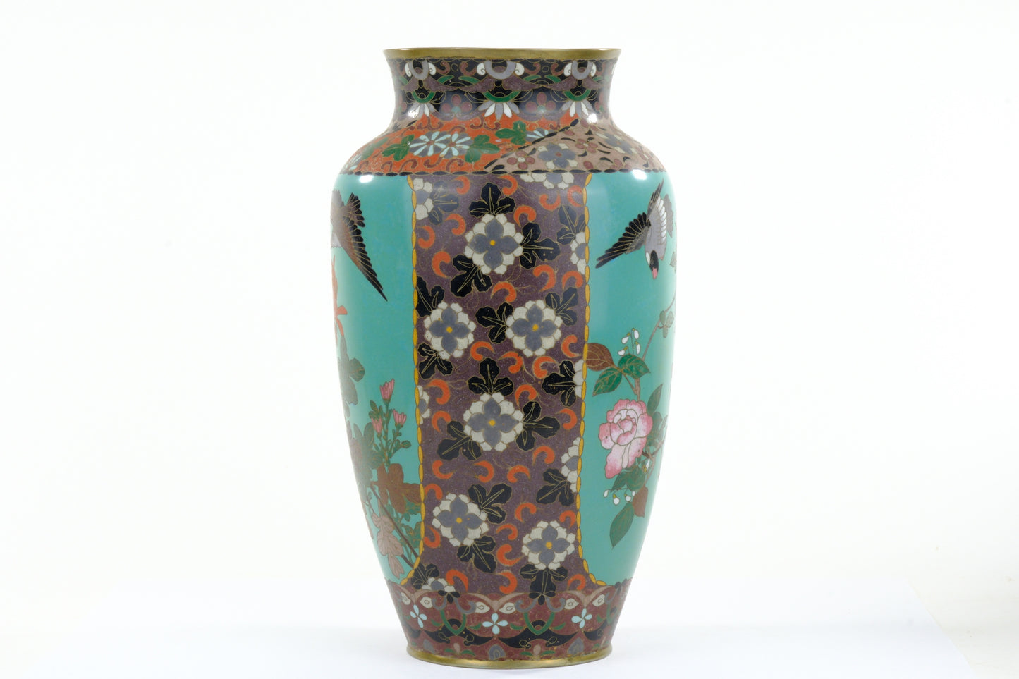 Antique Japanese Meiji Era (c1880) Cloisonné Vase Geese in Flight & Flowers 12”